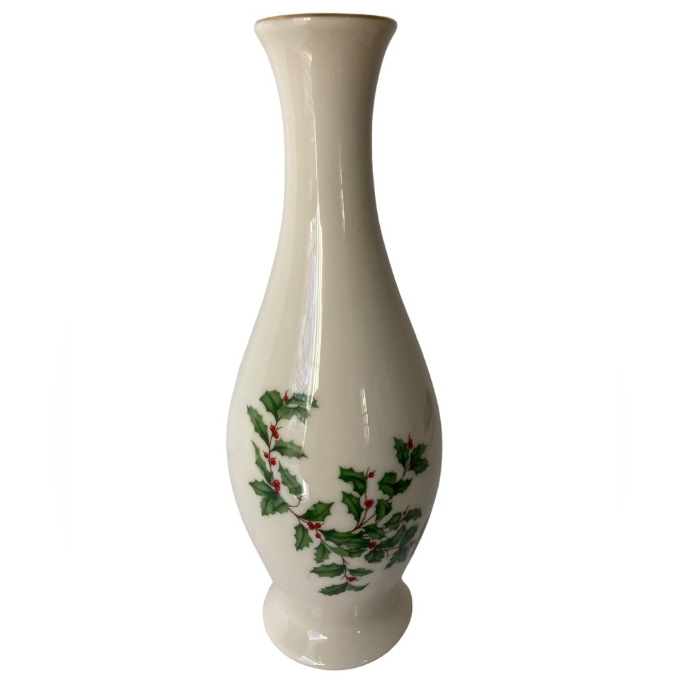 Lenox Holly Berries Ivy 8” Ceramic Bud Vase Ivory Christmas Special Gold Trim